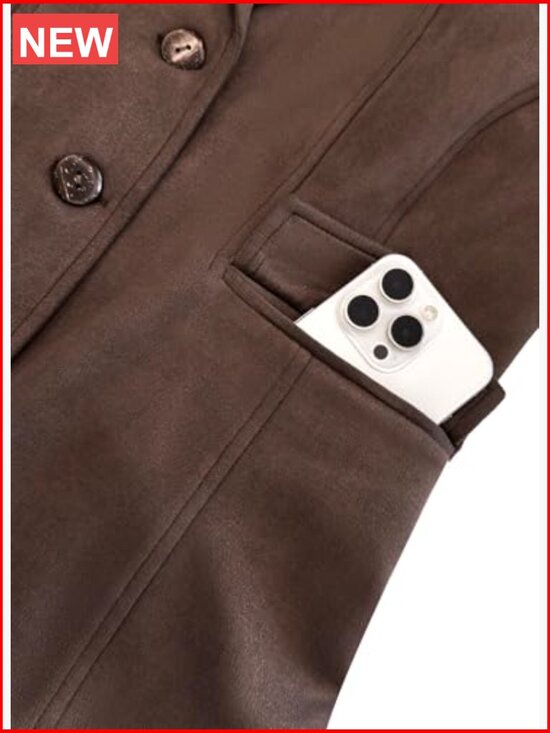 Faux Suede Blazer with Pockets, Long Sleeve Open Front Lapel Jacket - Picture 6 of 6